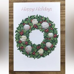 Vintage Holiday Wreath w Seashells Christmas Card Festive Coastal Nautical